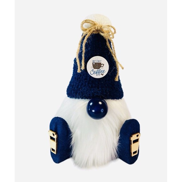 Coffee Lovers Gnome Blue White Shelf Sitter Coffee Cups Feet Plush Handmade 10" - Picture 1 of 4